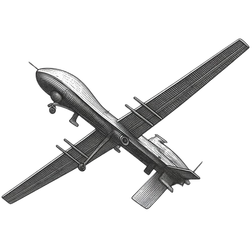 Engraved illustration of a fixed-wing reconnaissance drone