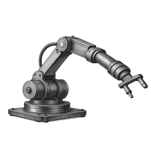 Engraved illustration of a six-axis industrial robotic arm