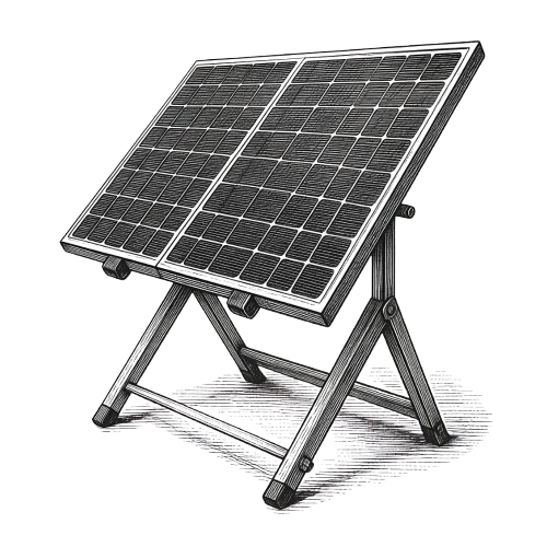 Engraved illustration of a tilted solar panel array on a folding frame